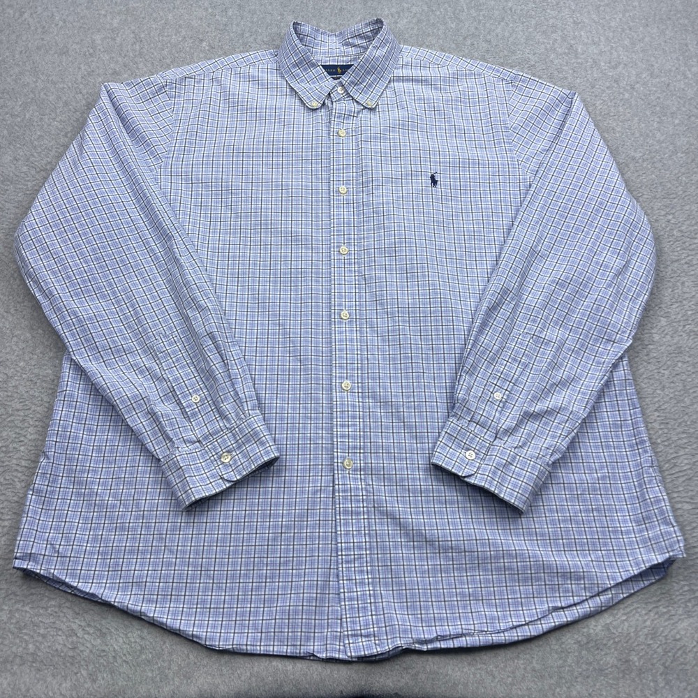 Ralph Lauren Shirt Mens XXL Blue Plaid Cotton Stretch Button Up Pony Long Sleeve